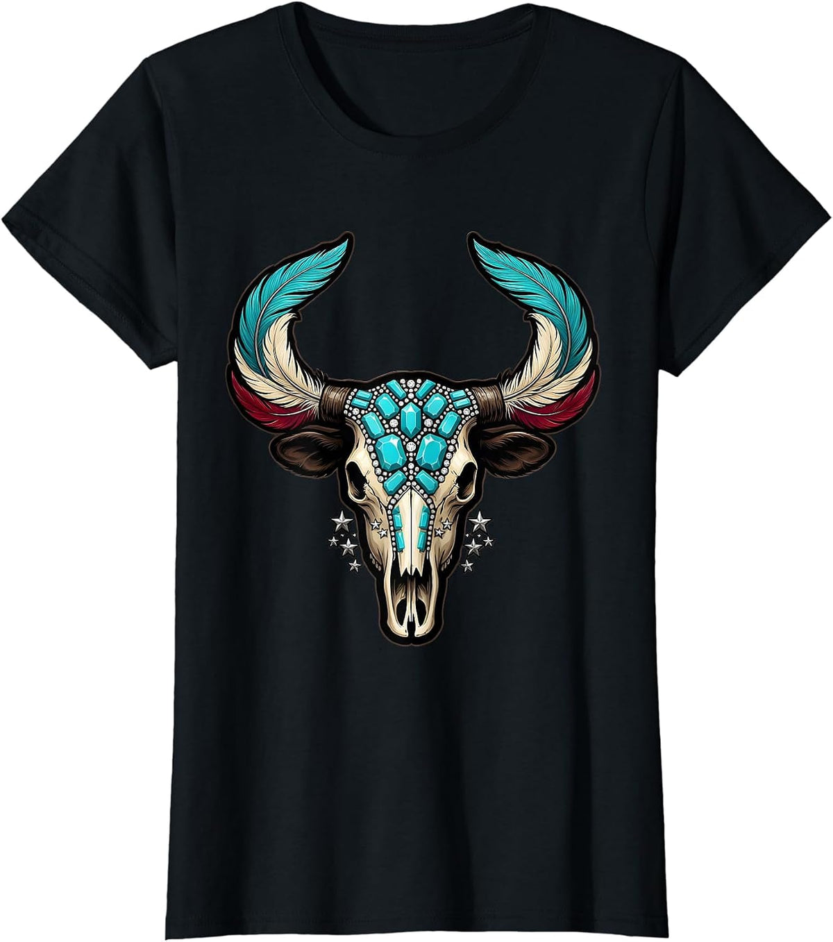 Women's Turquoise and Feather Cow Skull Cowgirl Design T-Shirt - Black