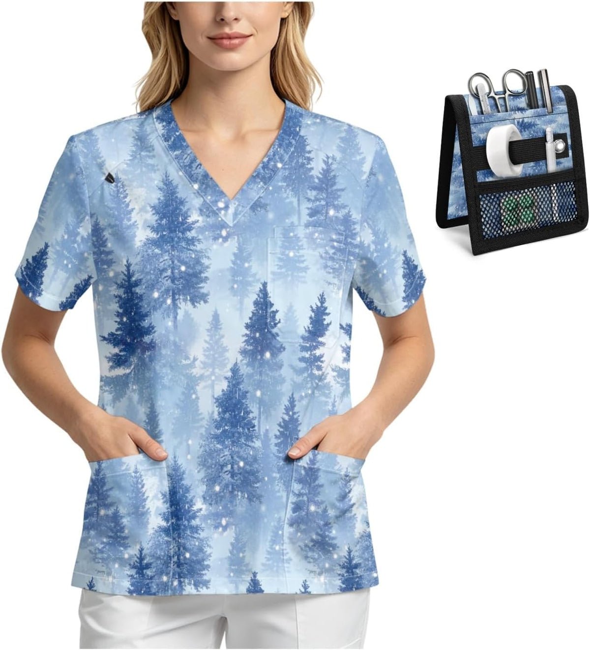 Breathable V-Neck Scrub Top with Nurse Pocket Organizer for Women - Pine Tree