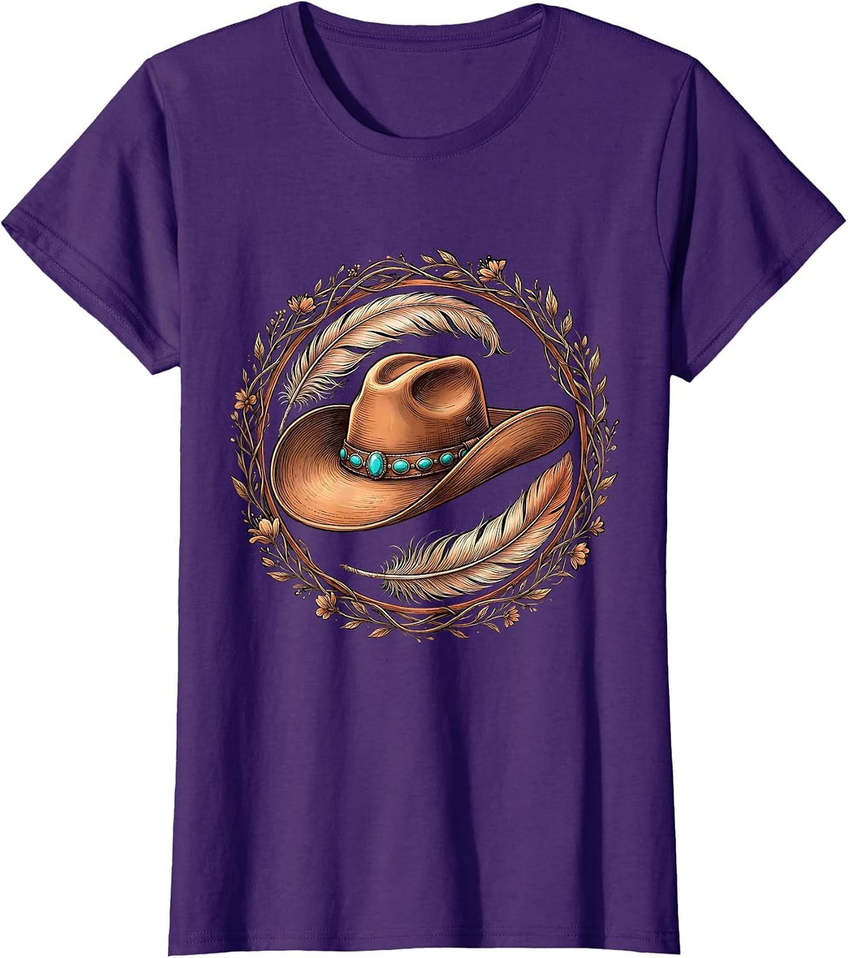 Women's Cowgirl Hat Feathers and Turquoise Gems Western T-Shirt - Purple