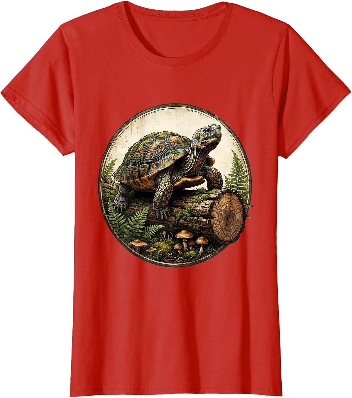 Women's Ancient Turtle Resting on Log Mossy Shell Art T-Shirt - Red