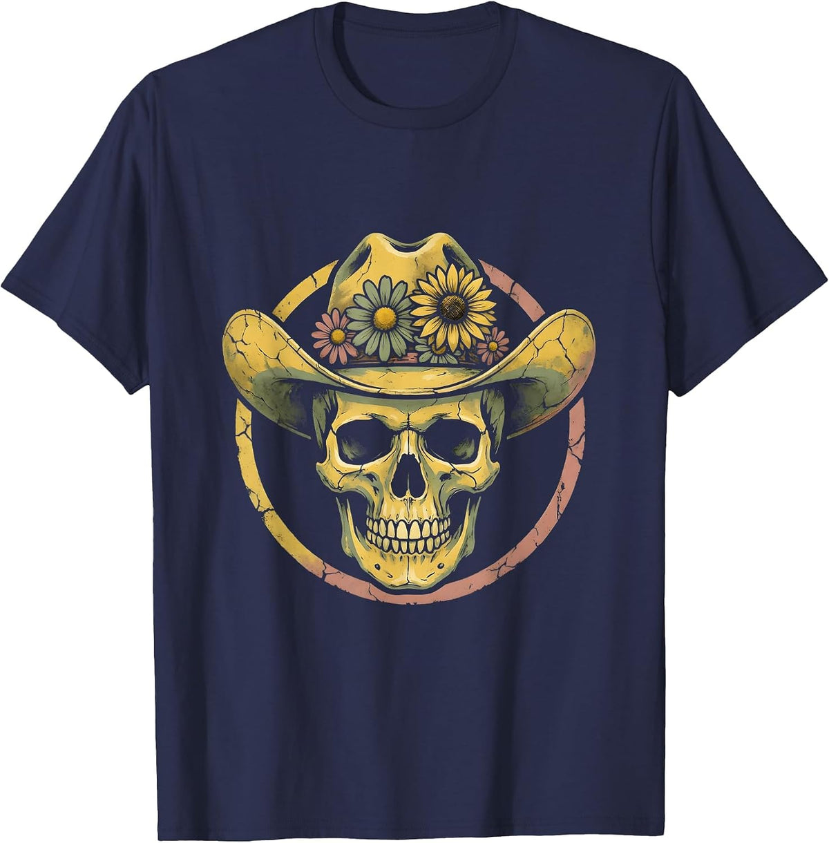 Floral Cowgirl Skull Western Women's Graphic Tee T-Shirt - Navy Blue
