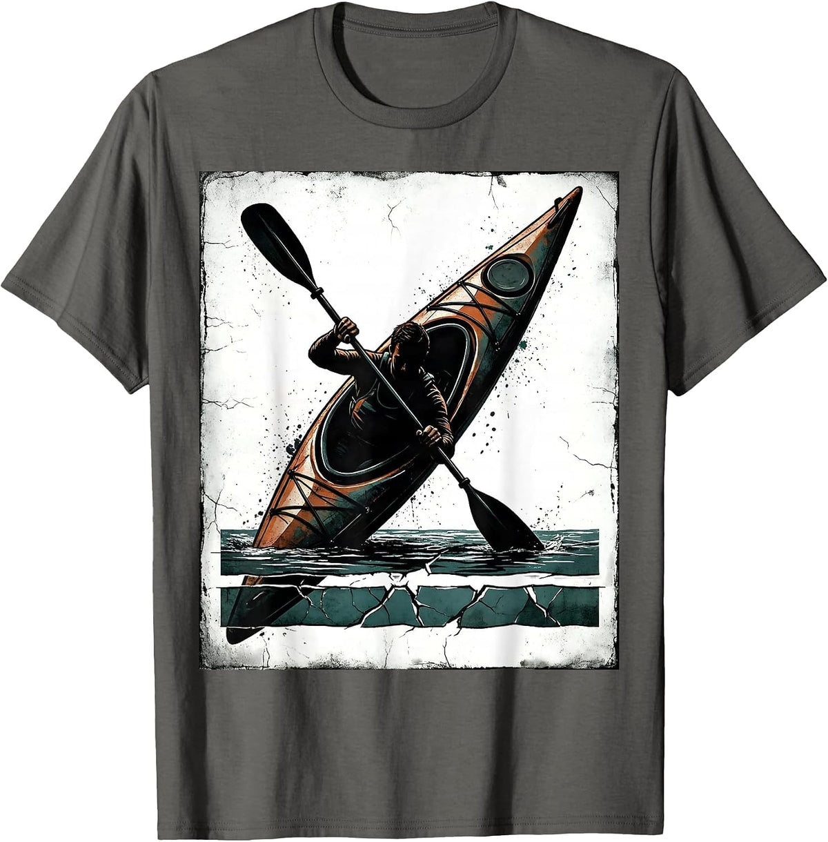 Men's Leaning Kayaker Distressed Humor Kayak Lover T-Shirt - Asphalt Grey