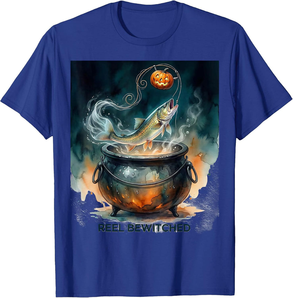 Reel Bewitched Watercolor Halloween Fishing Ghost Trout T-Shirt - Royal Blue