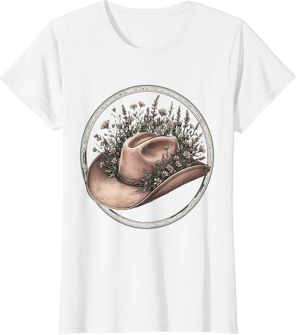 Cowgirl Hat Wildflowers Rodeo Illustration T-Shirt - White