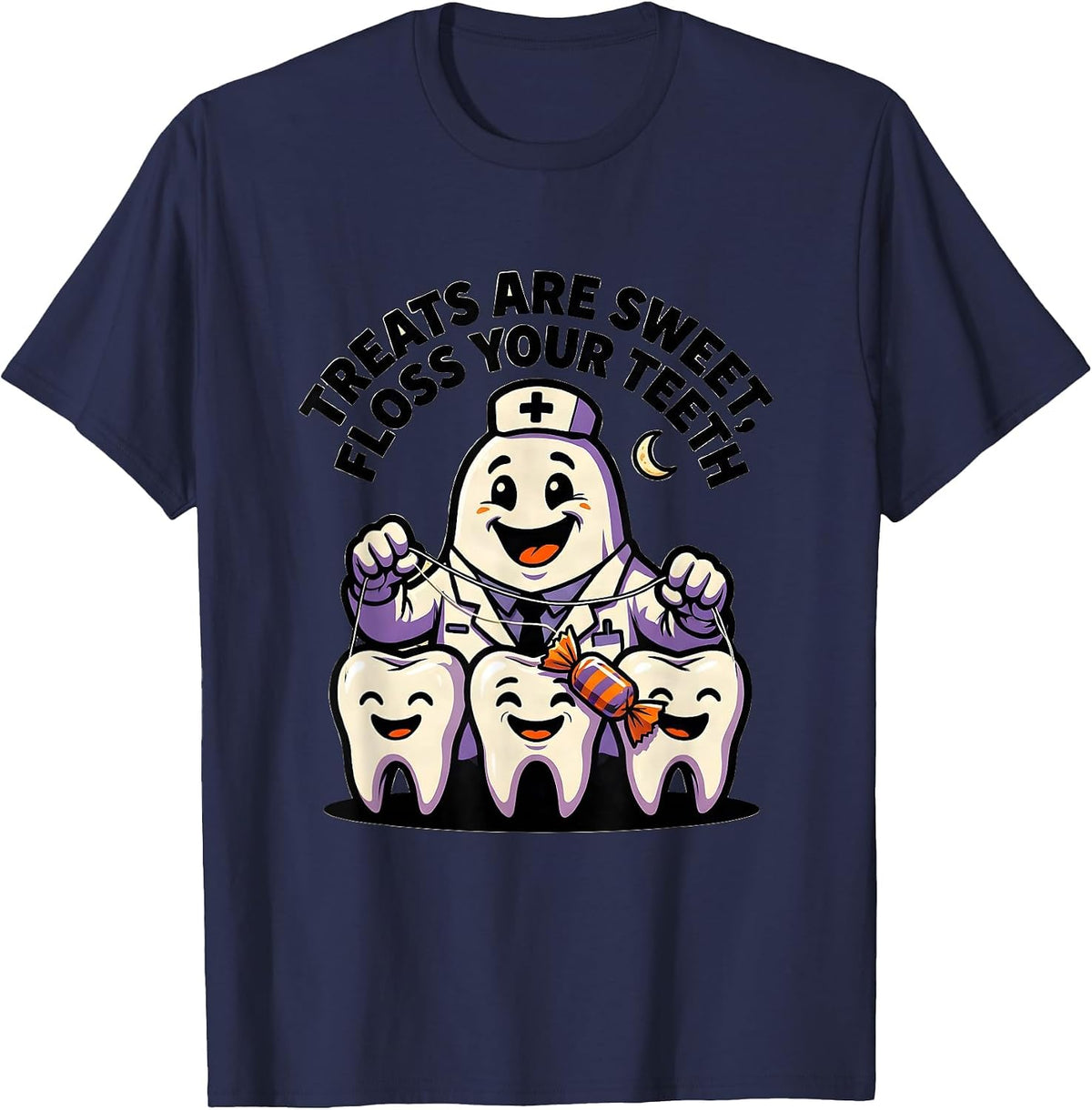Treats Are Sweet Floss Your Teeth Cartoon Halloween Dentist T-Shirt - Navy Blue