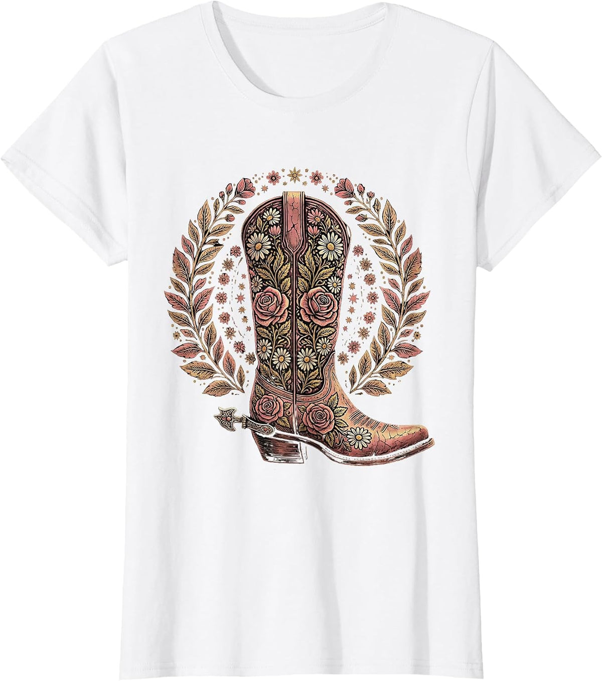 Floral Embroidery Western Boots Graphic Design T-Shirt - White