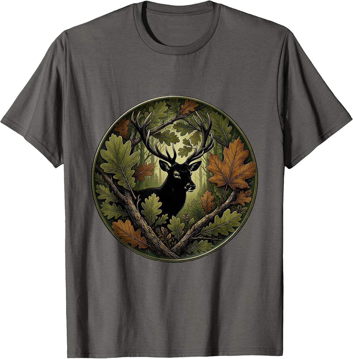 Deer Silhouette Camo Tree Blind Hunting Design T-Shirt - Asphalt Grey