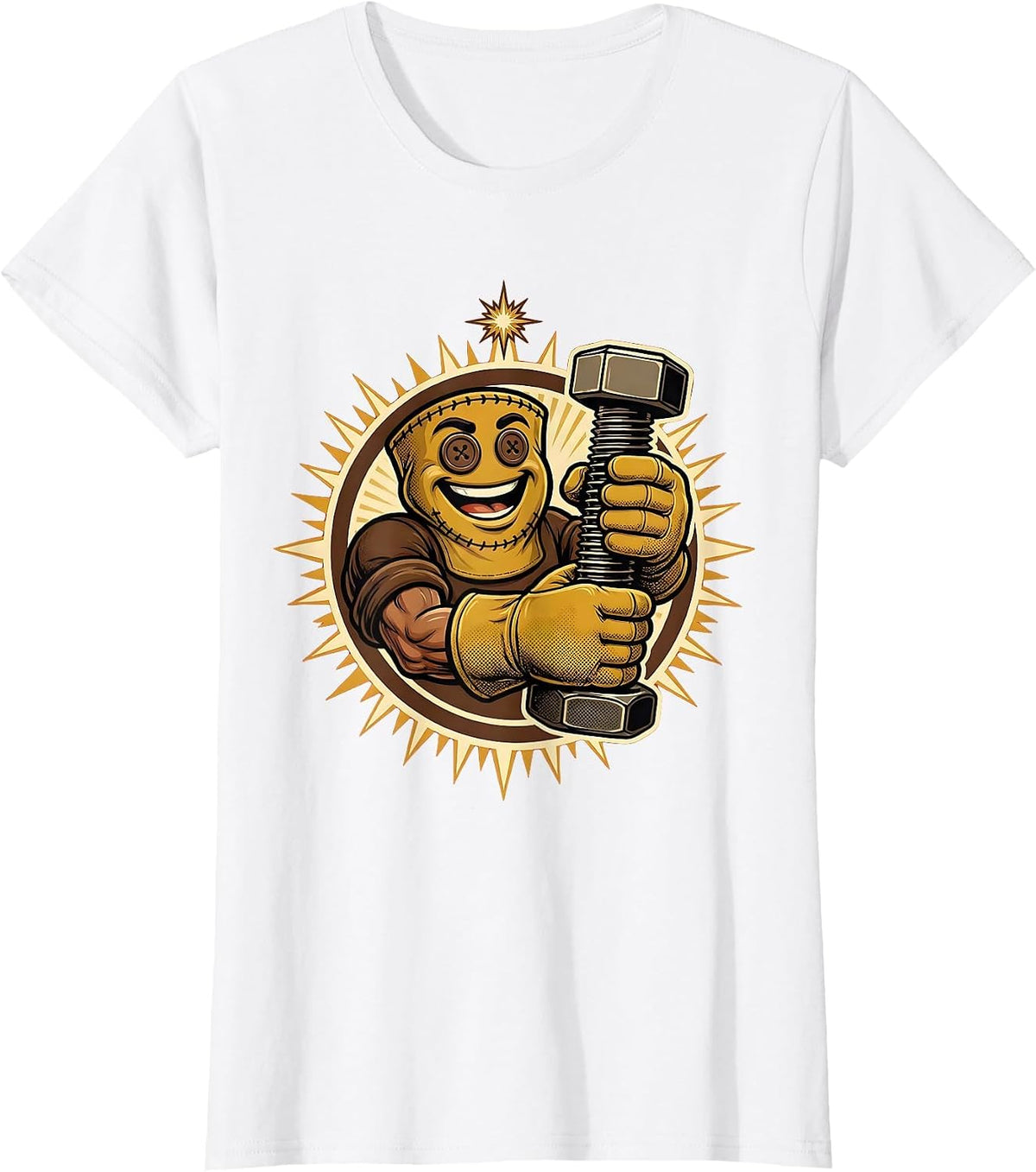 Worn Mechanic Gloves Holding a Bolt Graphic T-Shirt - White