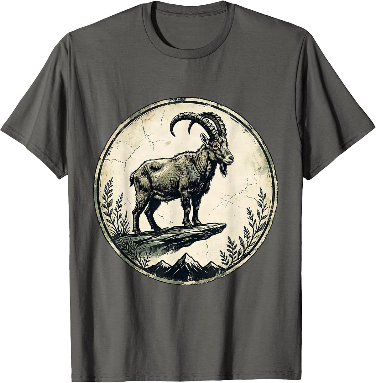 Men's Mountain Goat on Narrow Ledge Wildlife Illustration T-Shirt - Asphalt Grey