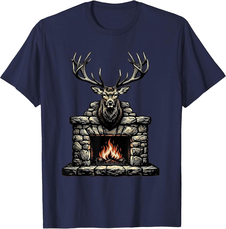 Deer Mount Stone Fireplace Hunting Graphic T-Shirt - Navy Blue