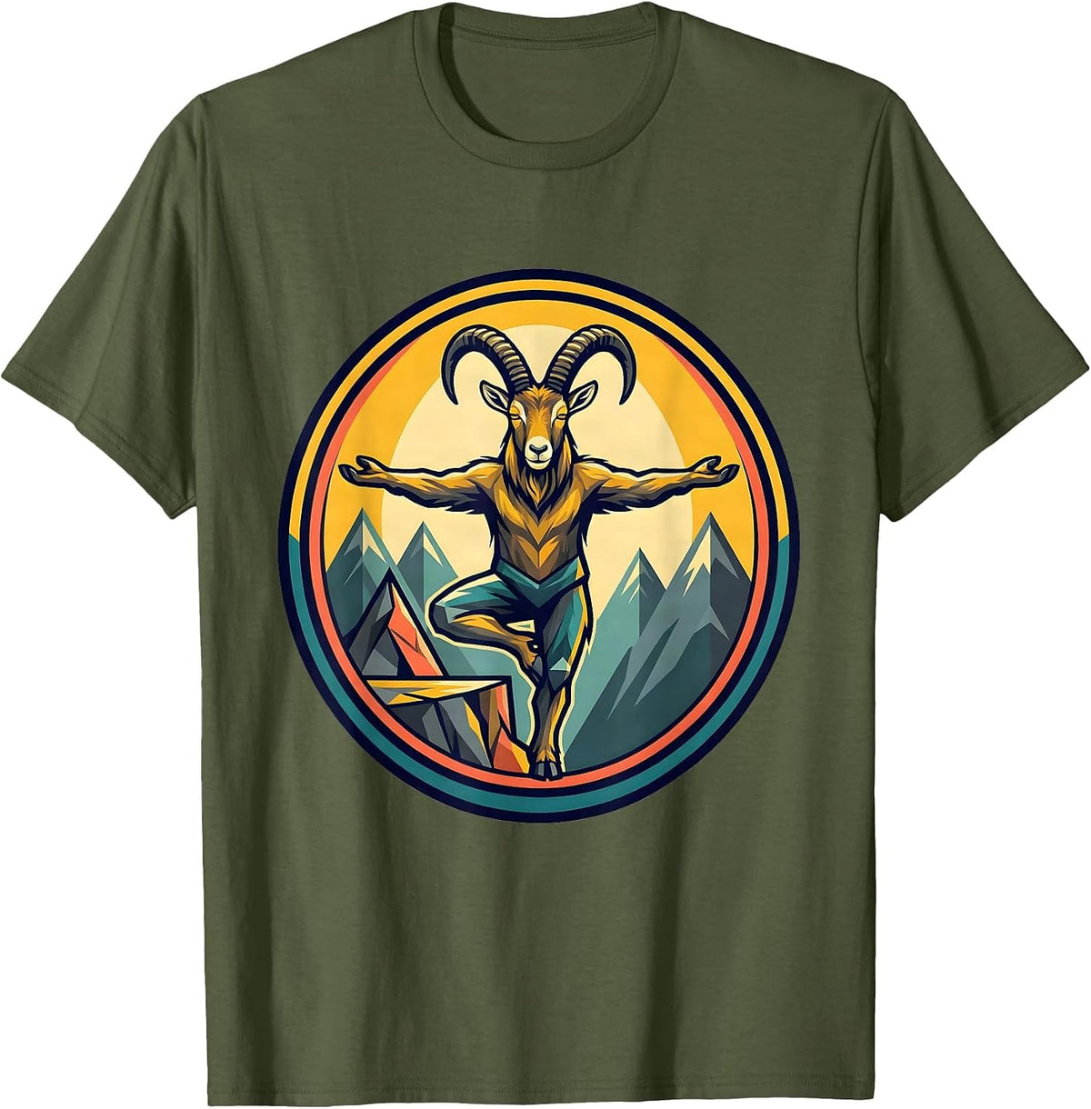 Men's Funny Mountain Goat Yoga on Cliff Edge Graphic T-Shirt - Olive Green