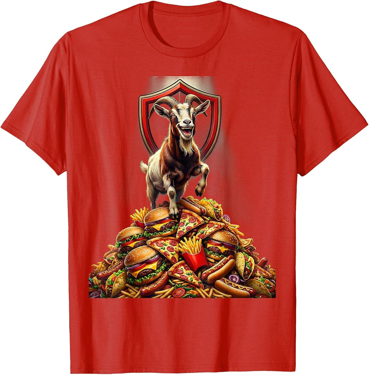 Men's Goat on Fast Food Mountain Funny Humor Graphic T-Shirt - Red