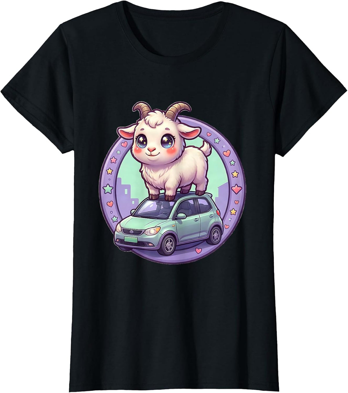 Goat on a Car Roof Funny Animal Graphic T-Shirt - Black