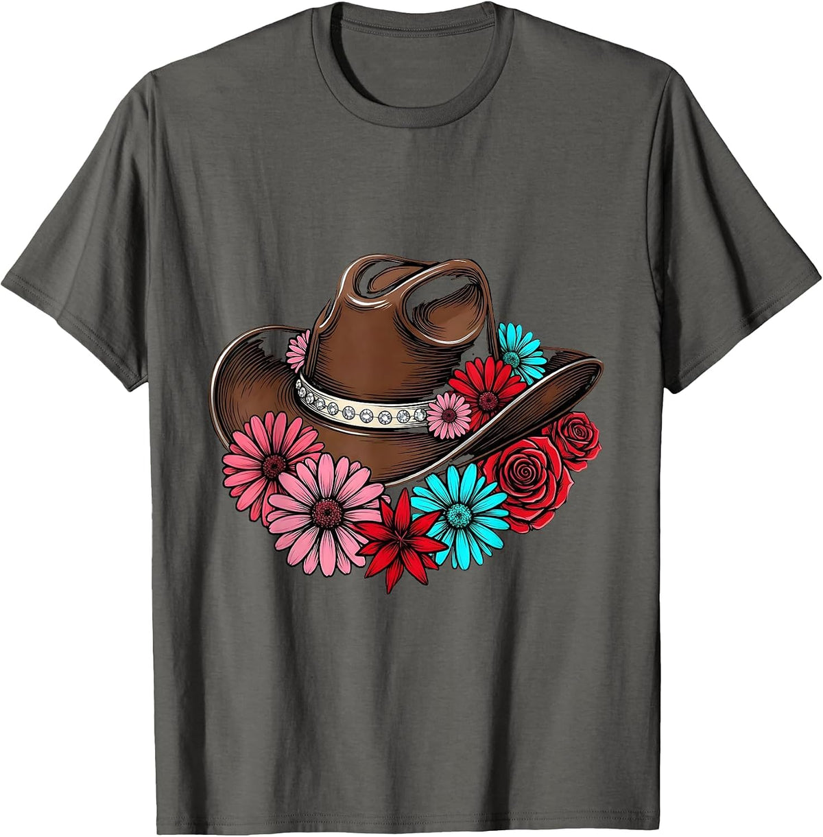 Men's Cowgirl Hat Wildflowers Boho Western Floral Design T-Shirt - Asphalt Grey