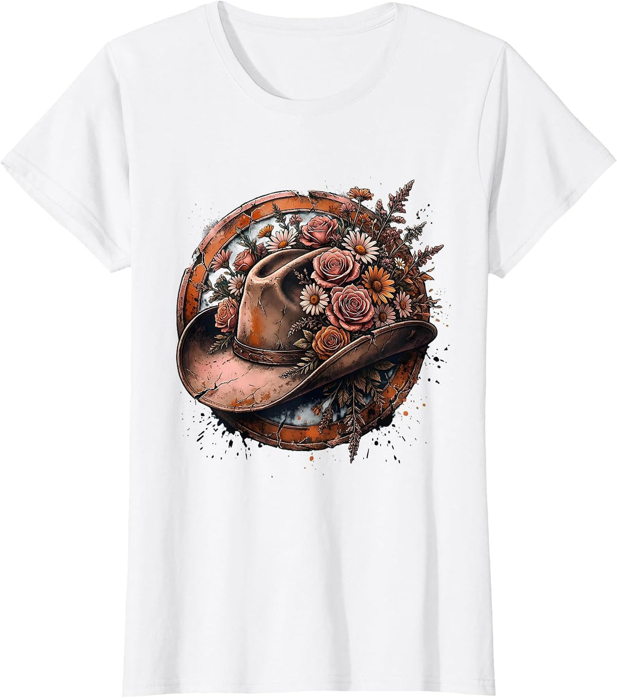 Floral Cowboy Hat Boho Western Wildflower Design T-Shirt - White