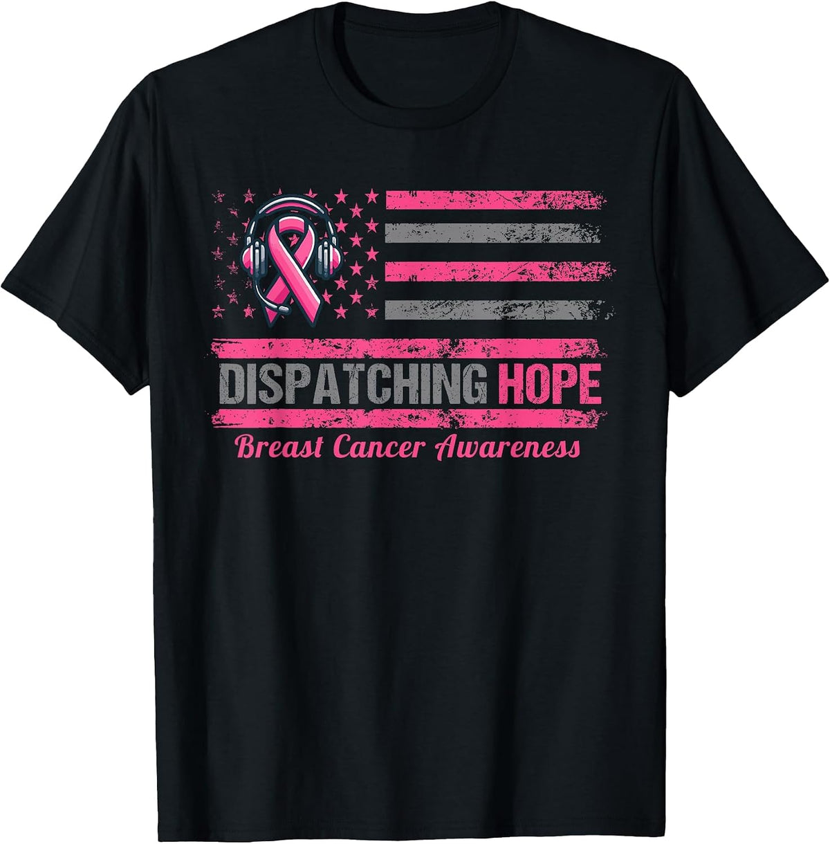 Dispatcher Breast Cancer Awareness Pink Ribbon American Flag T-Shirt - Black