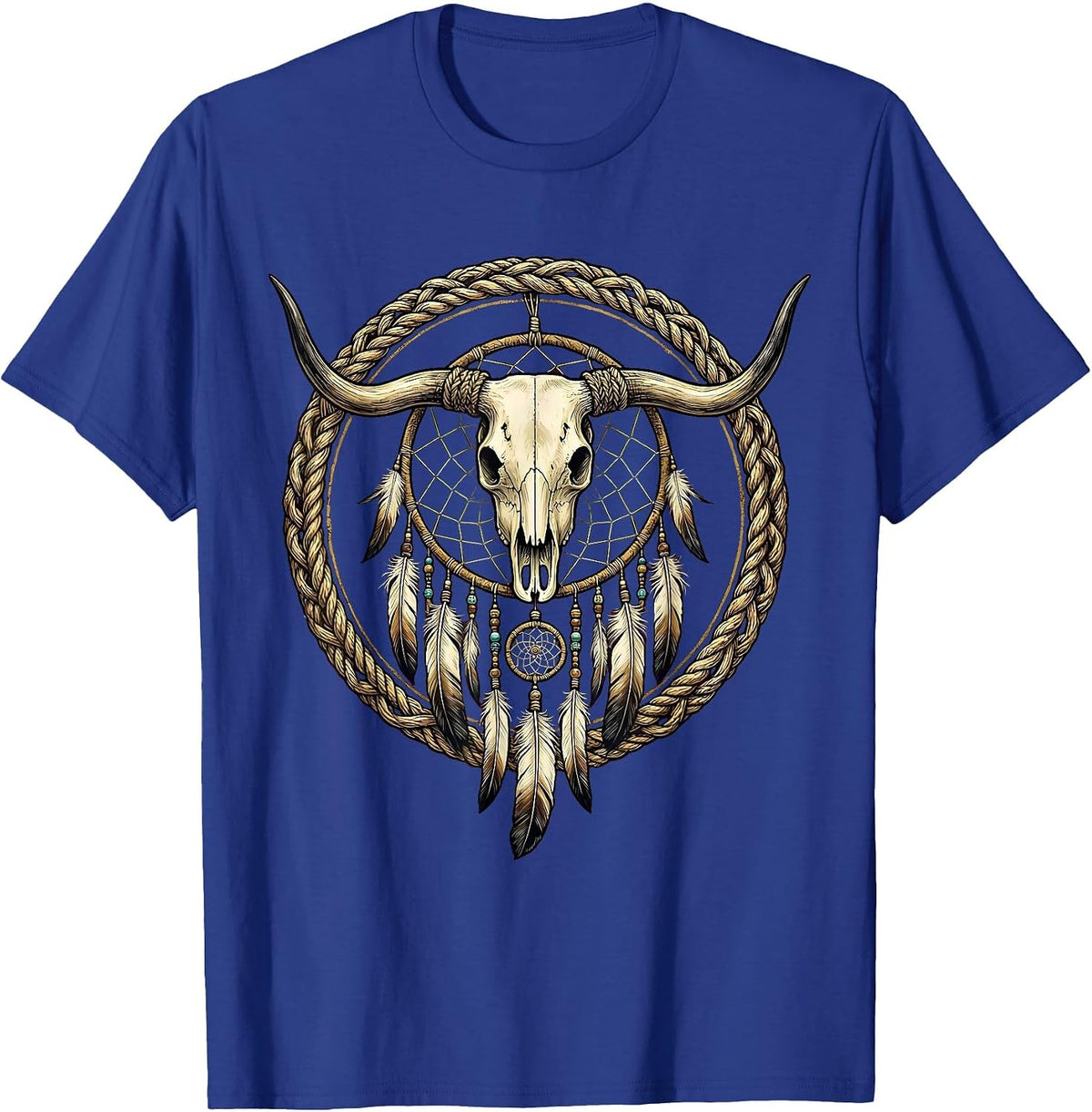 Dreamcatcher Longhorn Skull Western Boho Art T-Shirt - Royal Blue