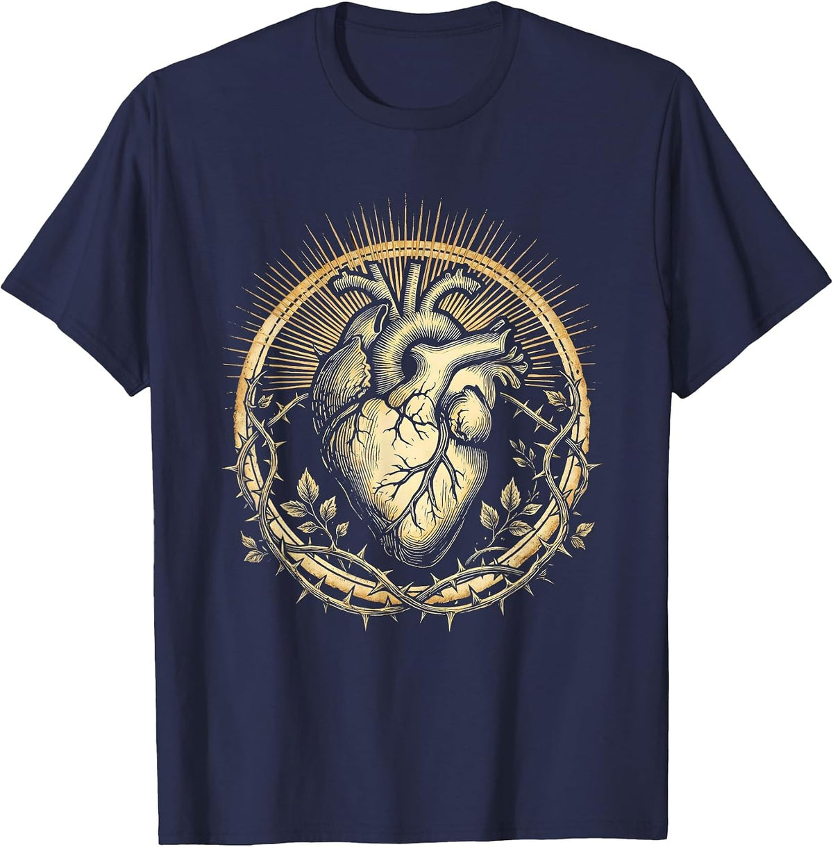 Radiant Sacred Heart Crown of Thorns Jesus Design T-Shirt - Navy Blue