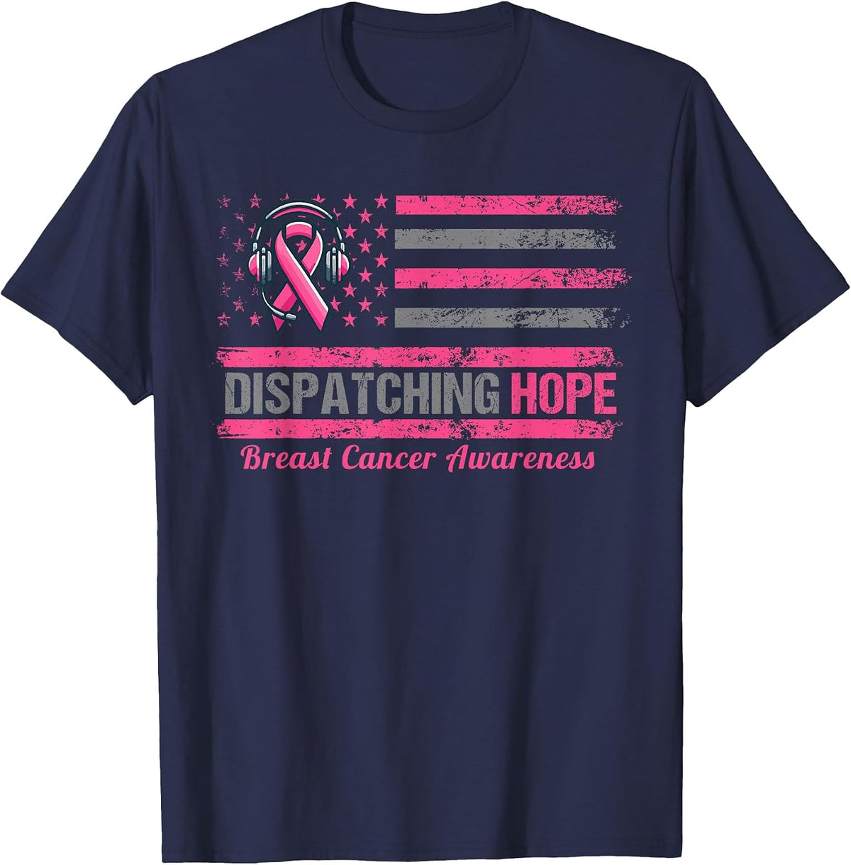 Dispatcher Breast Cancer Awareness Pink Ribbon American Flag T-Shirt - Navy Blue