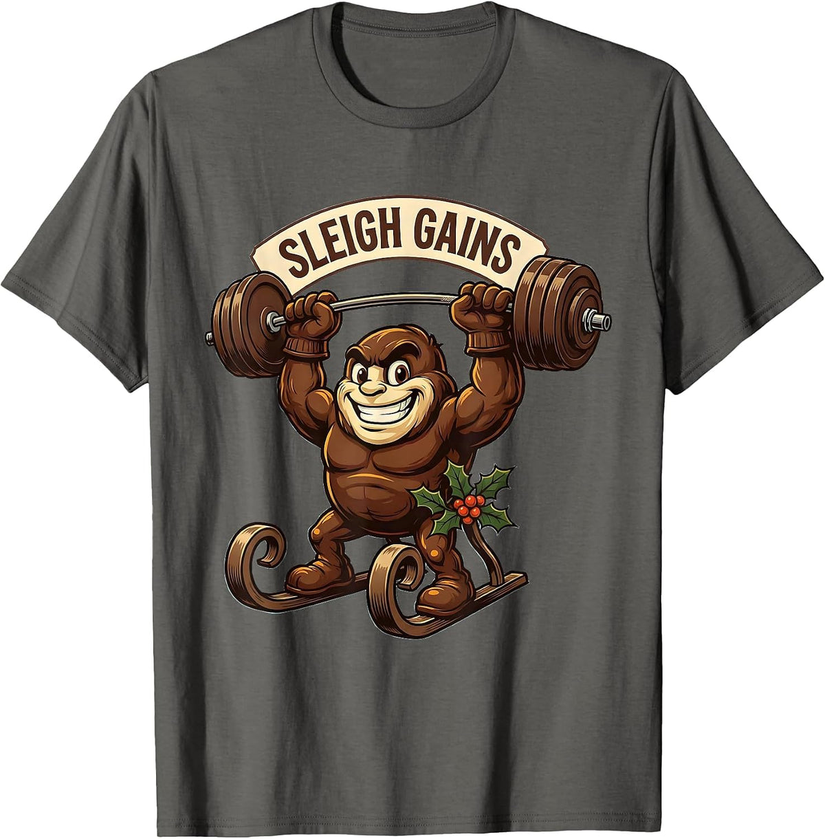 Sleigh Gains Retro Advertising Mascot Funny Christmas Gym T-Shirt - Asphalt Grey