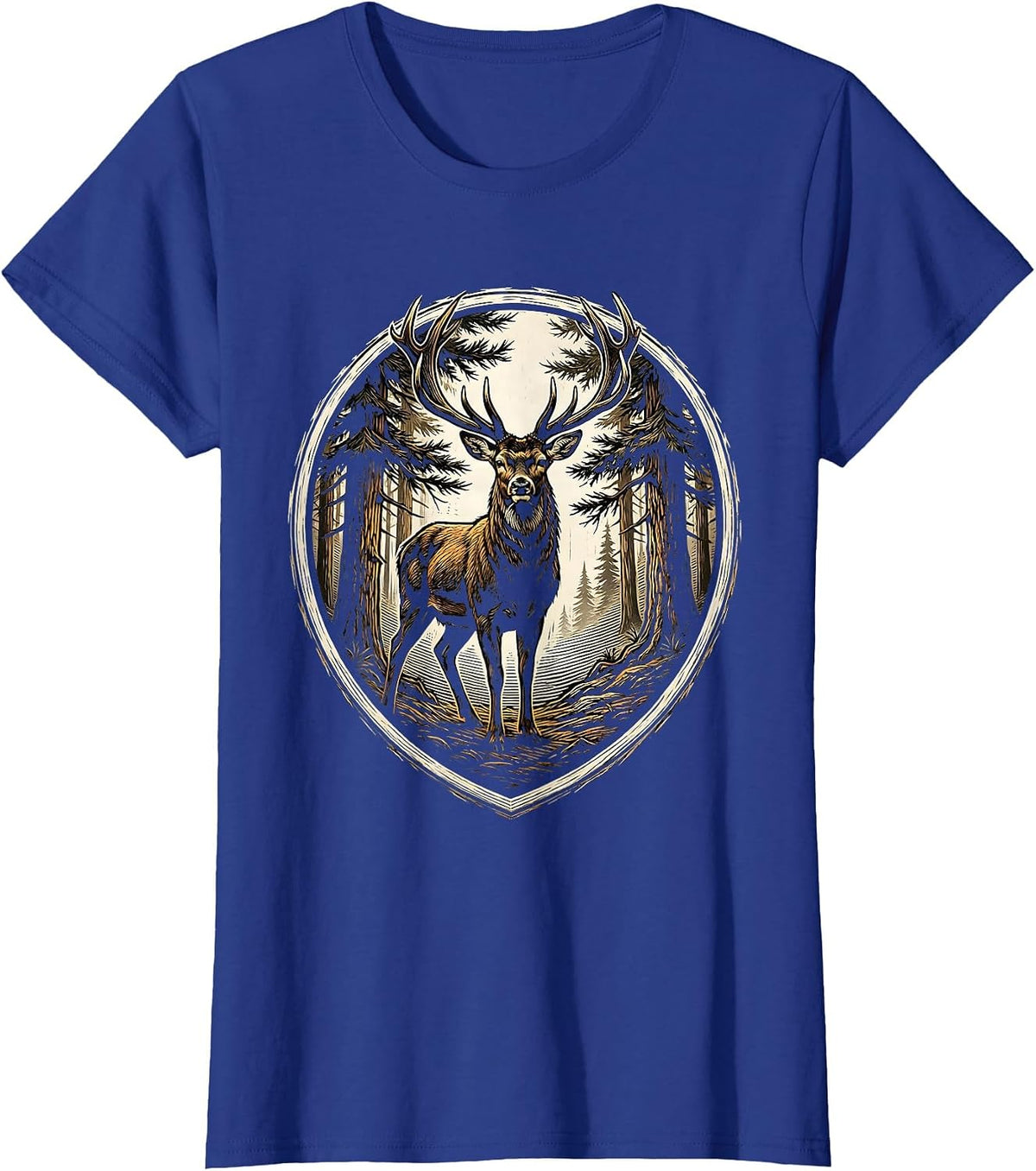 Women's Buck Deer Silhouette Misty Forest Hunting Design T-Shirt - Royal Blue