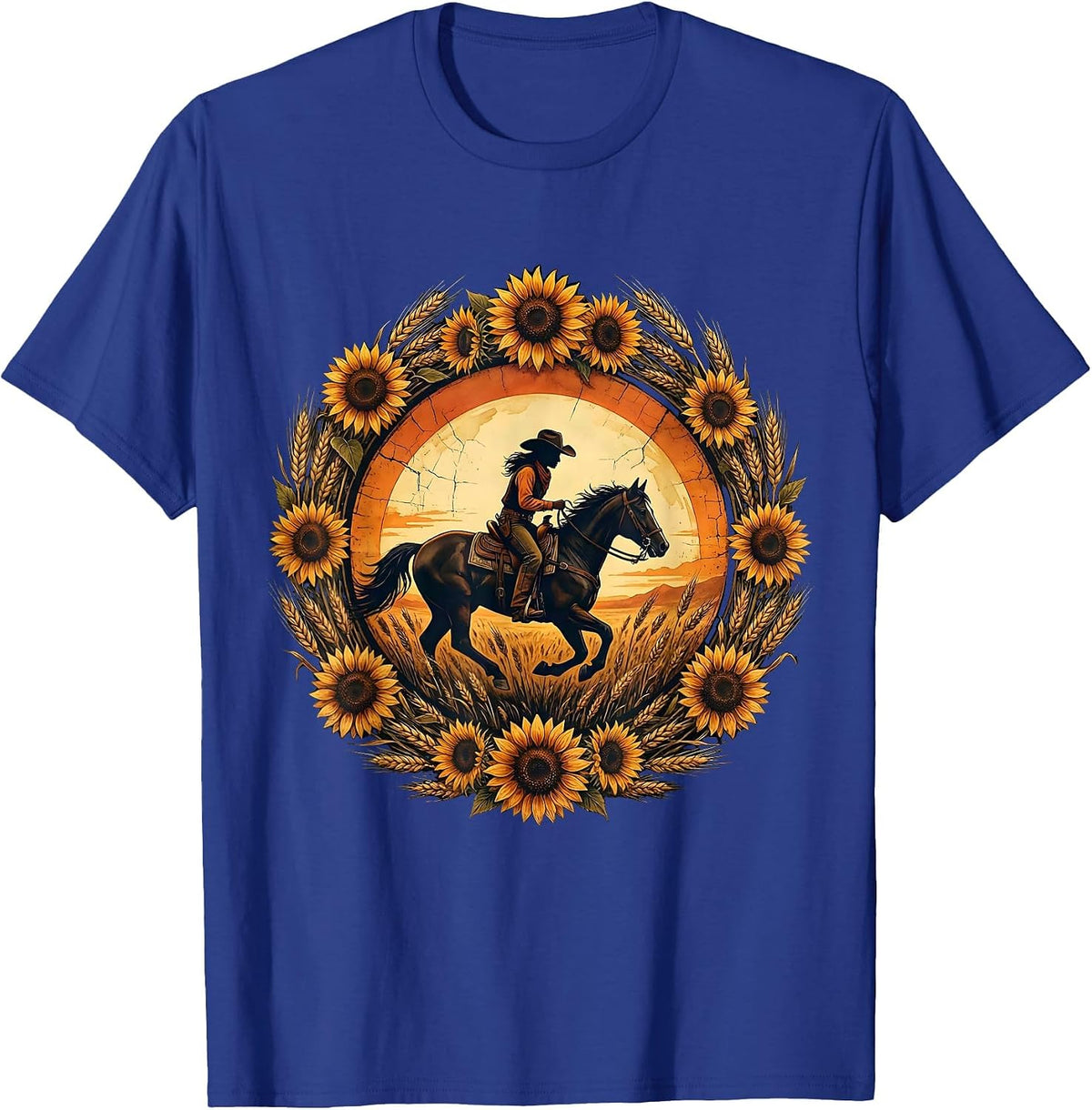 Men's Cowgirl Silhouette on Horseback Dusk Rodeo Design T-Shirt - Royal Blue