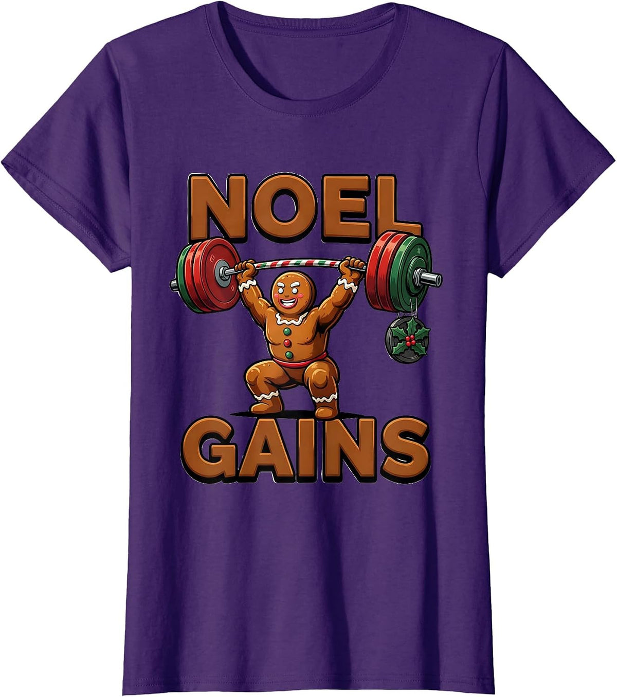 Women's Noel Gains Funny Gingerbread Man Gym Weightlifting Christmas T-Shirt - Purple