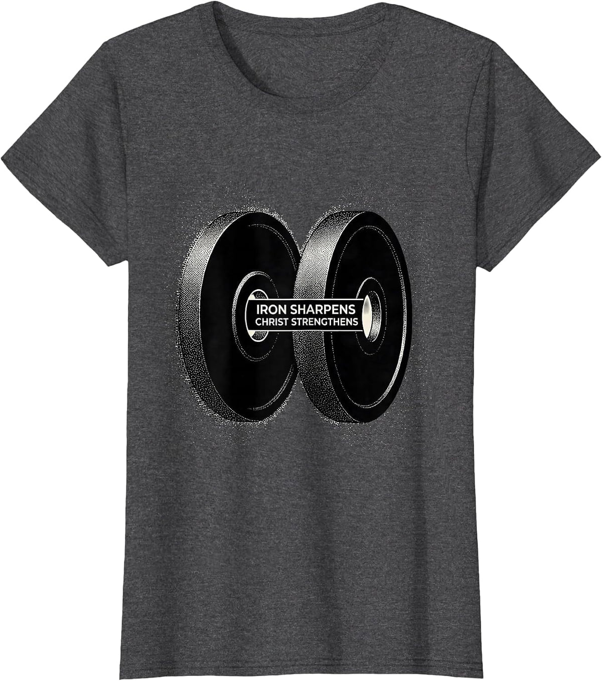 Women's Iron Sharpens, Christ Strengthens Faith-Based Gym Workout T-Shirt - Dark Heather Grey