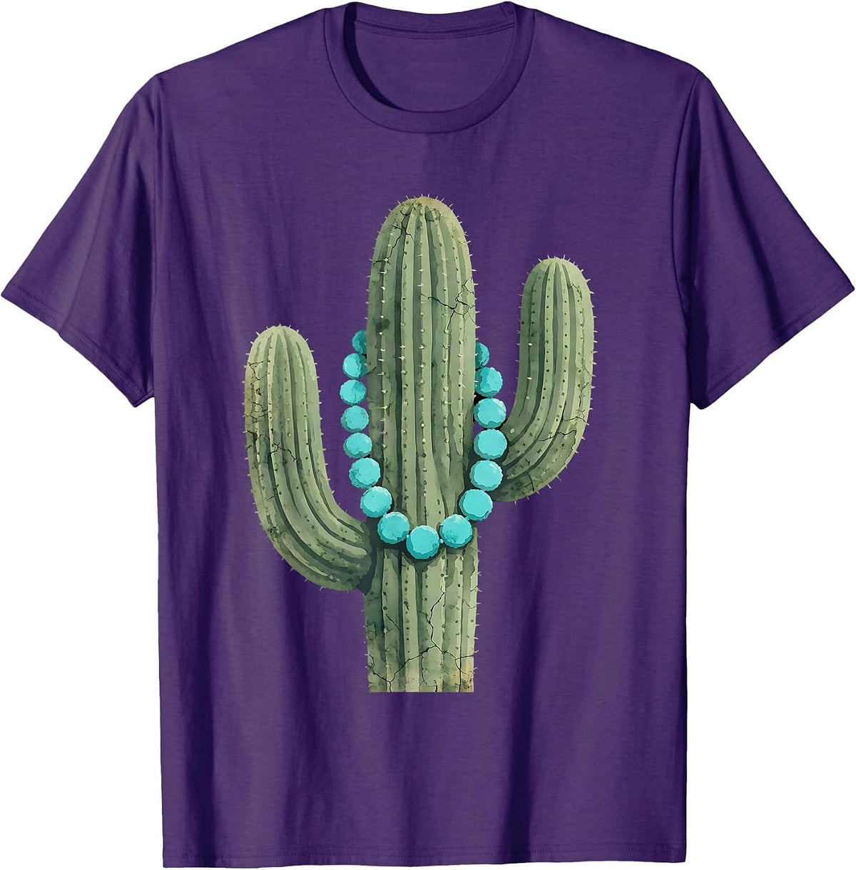 Cactus Turquoise Beaded Necklace Western Design T-Shirt - Purple