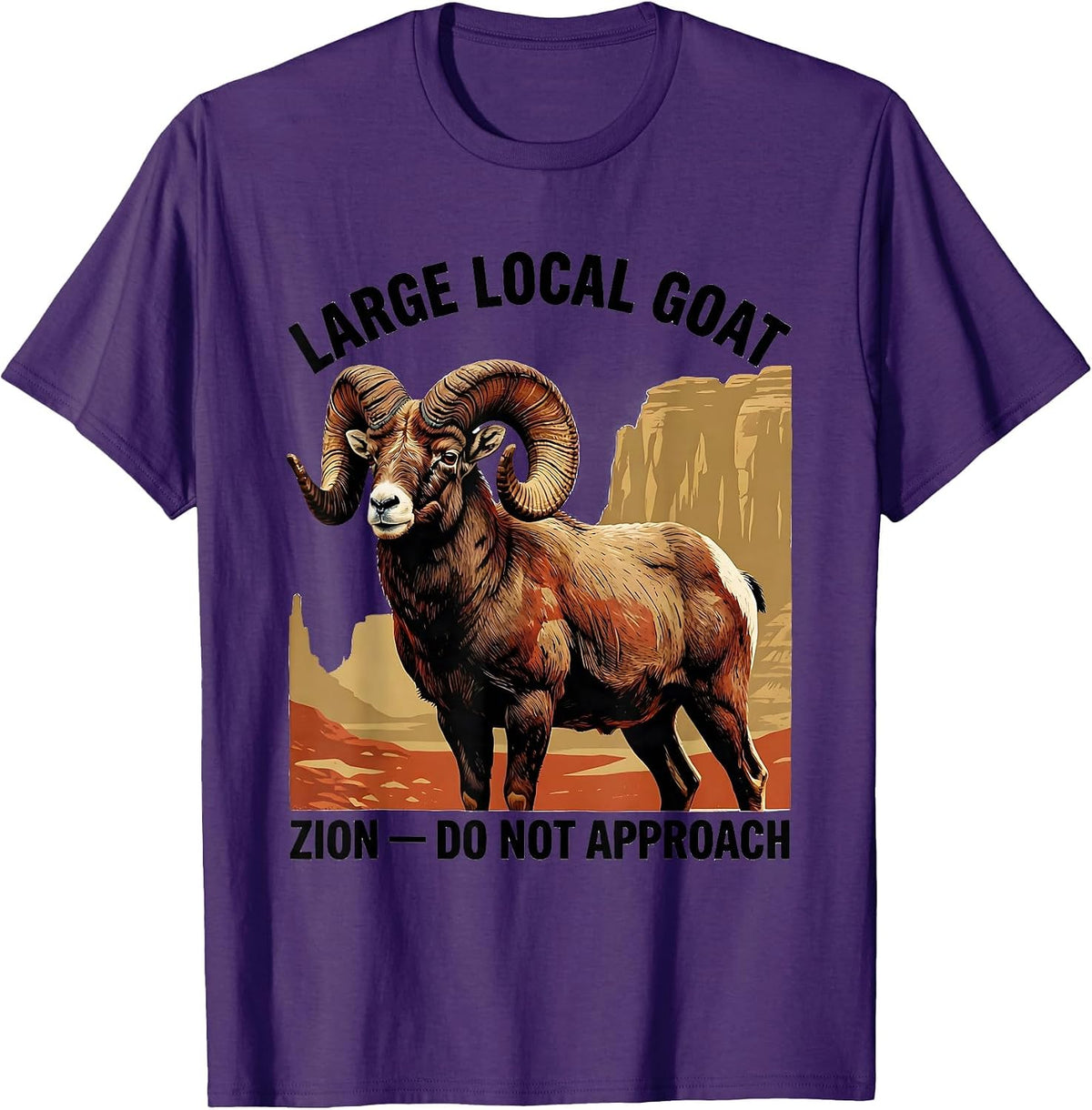 Large Local Goat, Zion, Do Not Approach Retro National Park T-Shirt - Purple