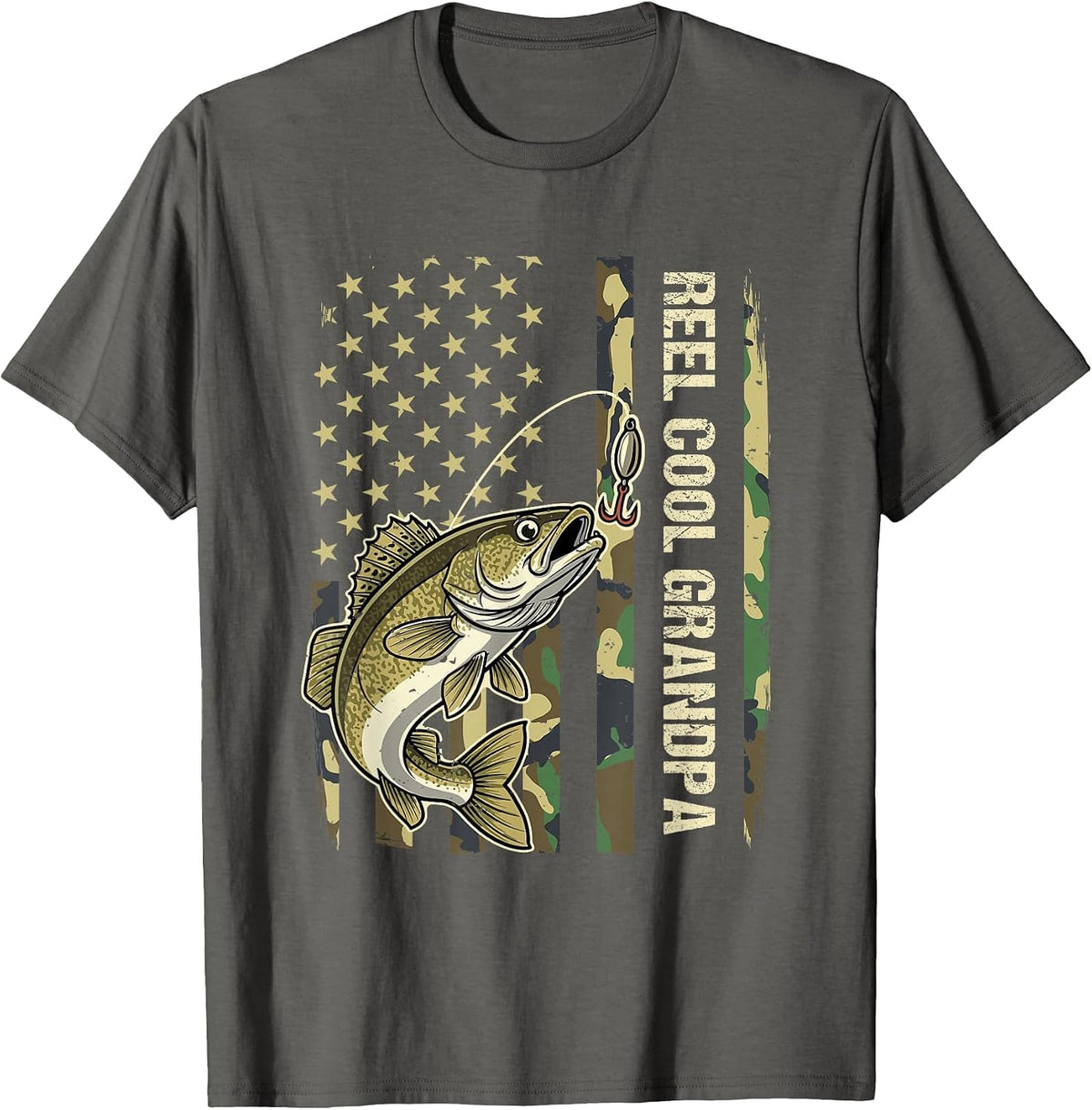 Reel Cool Grandpa Walleye Fishing Camo American Flag T-Shirt - Asphalt Grey