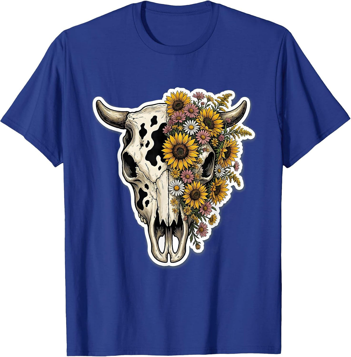 Cow Skull Wildflowers Boho Cow Print Design T-Shirt - Royal Blue