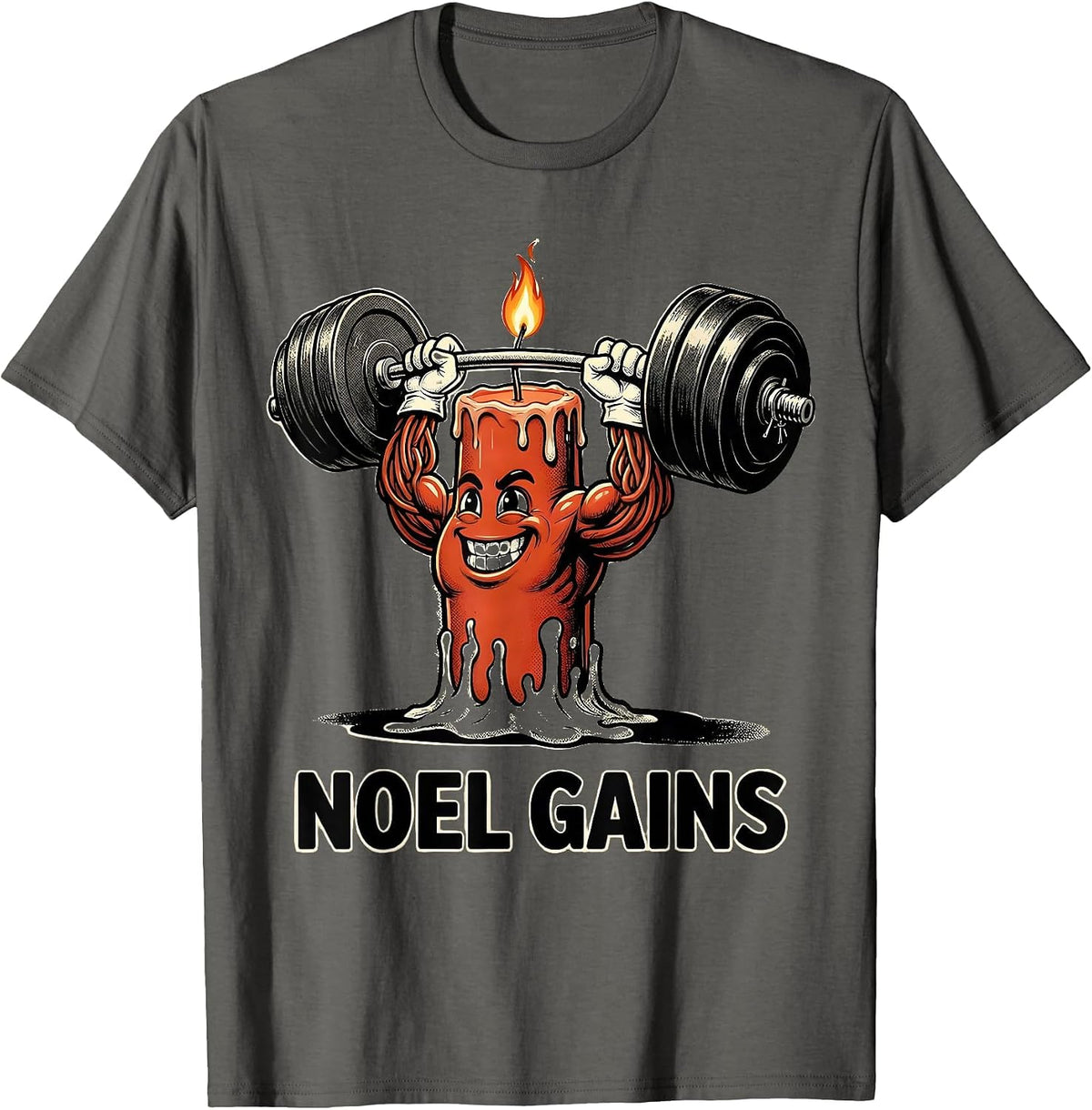 Men's Noel Gains Retro Cartoon Funny Christmas Gym Weightlifting T-Shirt - Asphalt Grey