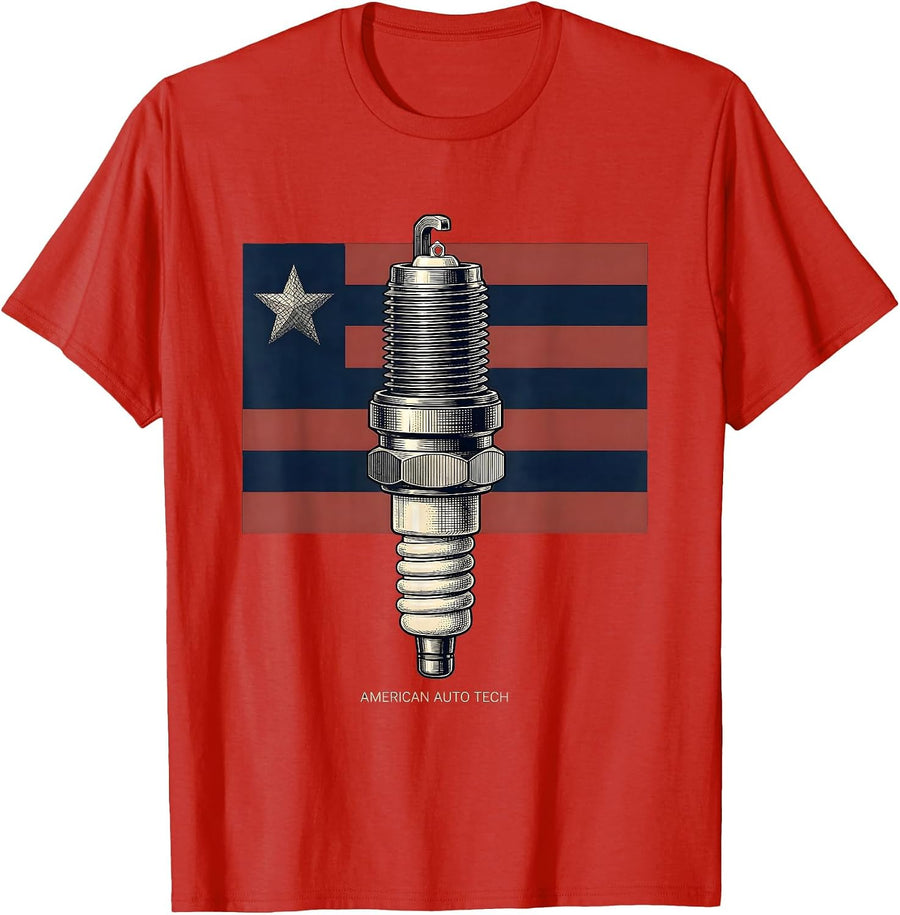 Men's American Auto Tech Vintage Car Mechanic Patriotic Flag T-Shirt - Red