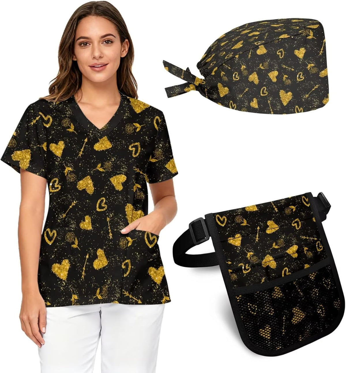 Women's Medical Workwear Three-Piece Set V-neck top waist pouch and pocketed work cap - Black Gold Heart Rose Print