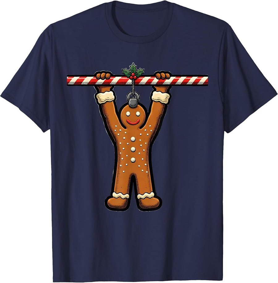 Gingerbread Pull-Up Funny Christmas Gym Weightlifting T-Shirt - Navy Blue