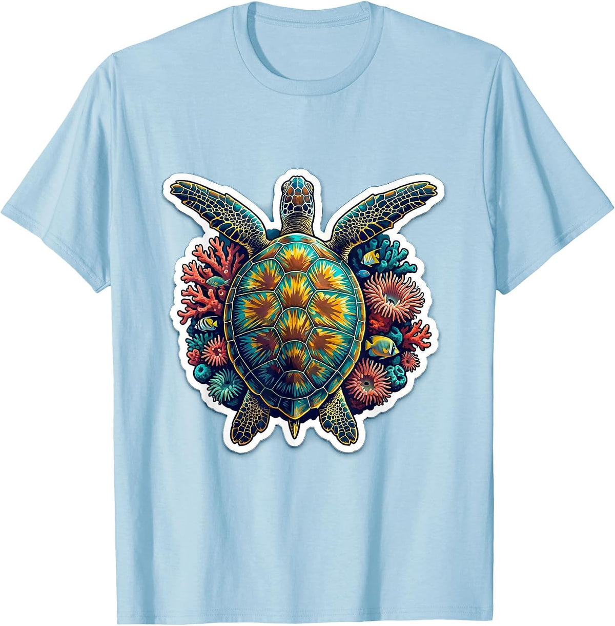 Men's Hawaiian Sea Turtle Coral Reef Graphic Design T-Shirt - Baby Blue