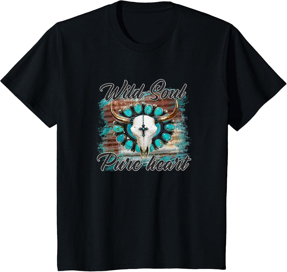 Turquoise Wild Soul Pure Heart Country Rodeo Cowgirl Western T-Shirt - Black