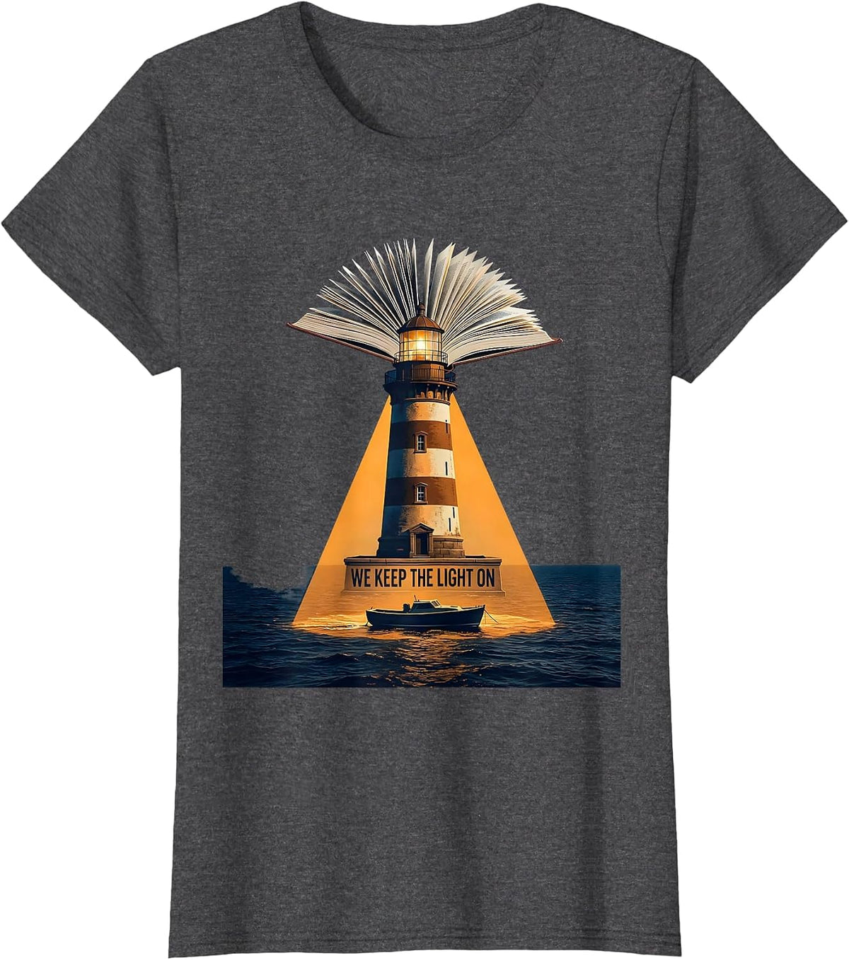 Women's We Keep The Light On Funny Bookworm Reader Literacy Humor T-Shirt - Dark Heather Grey
