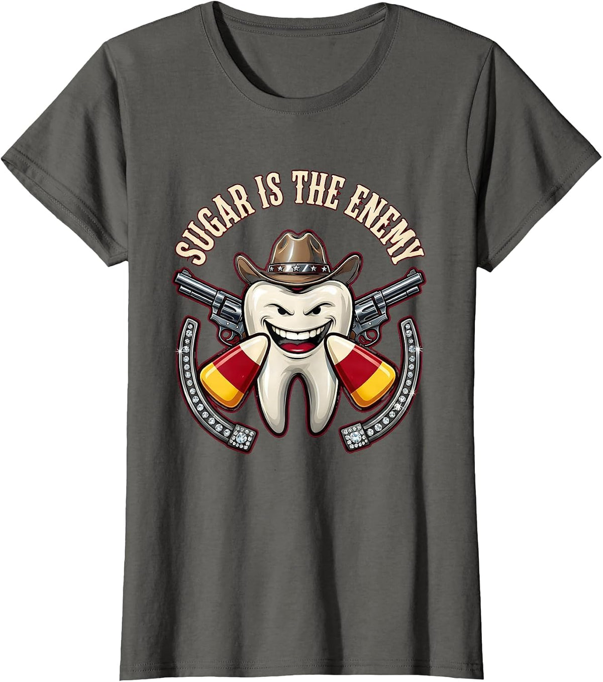 Women's Sugar Is The Enemy Dental Halloween Design T-Shirt - Asphalt Grey