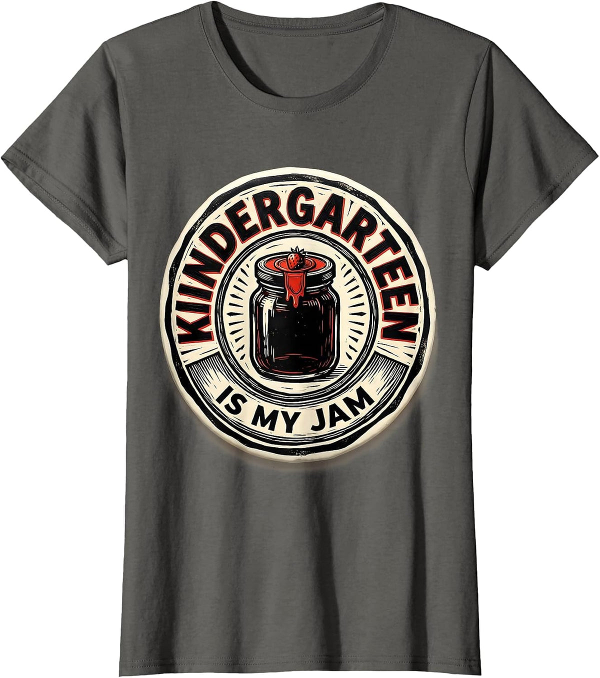 Women's Kindergarten Is My Jam Strawberry Teacher Back to School T-Shirt - Asphalt Grey