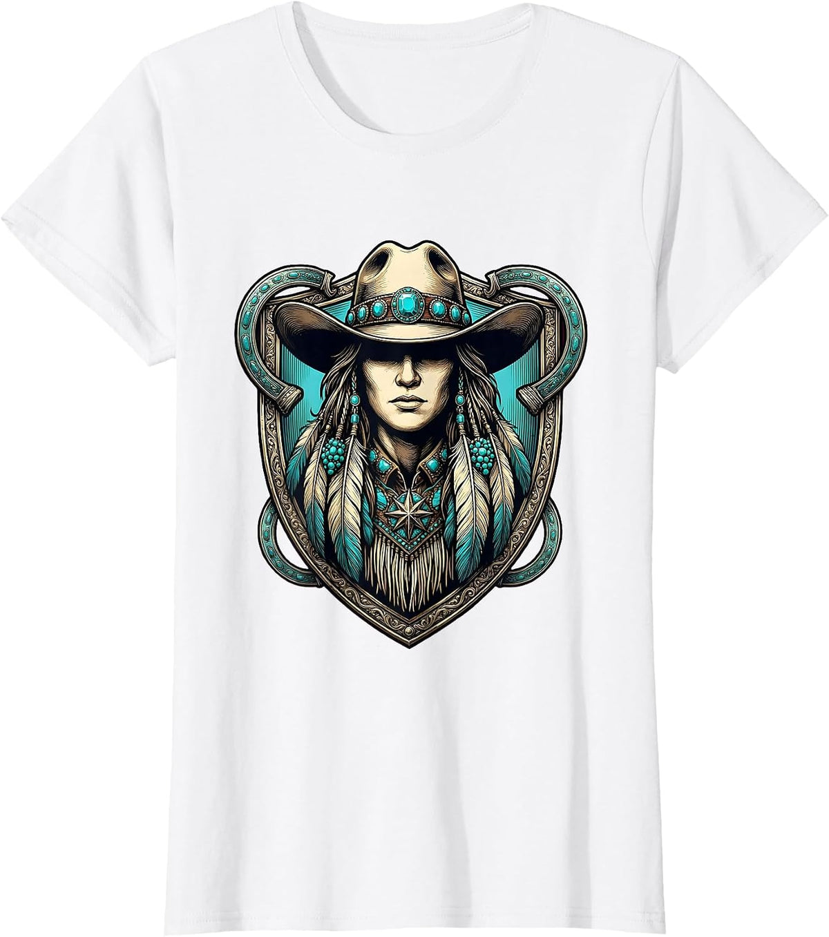 Cowgirl Turquoise Jewelry and Fringe Illustration T-Shirt - White