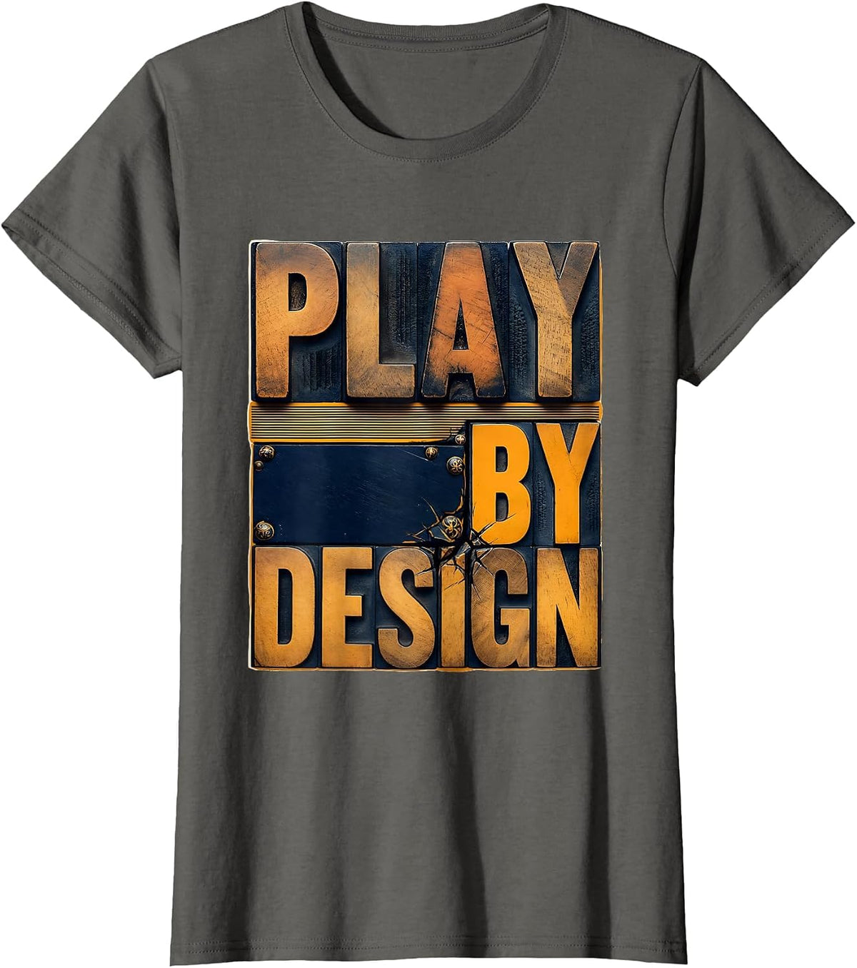 Women's Play By Design Wood Type Letterpress Preschool Teacher Back T-Shirt - Asphalt Grey