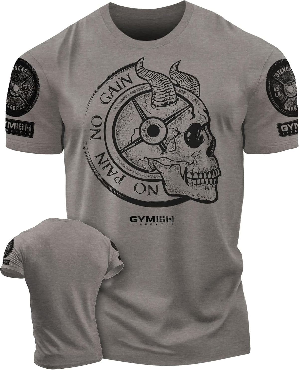 Gymish Lifestyle No Pain No Gain Skull Gym Lifting Motivation T-Shirts for Men - 3. No Pain Warm Grey Branded