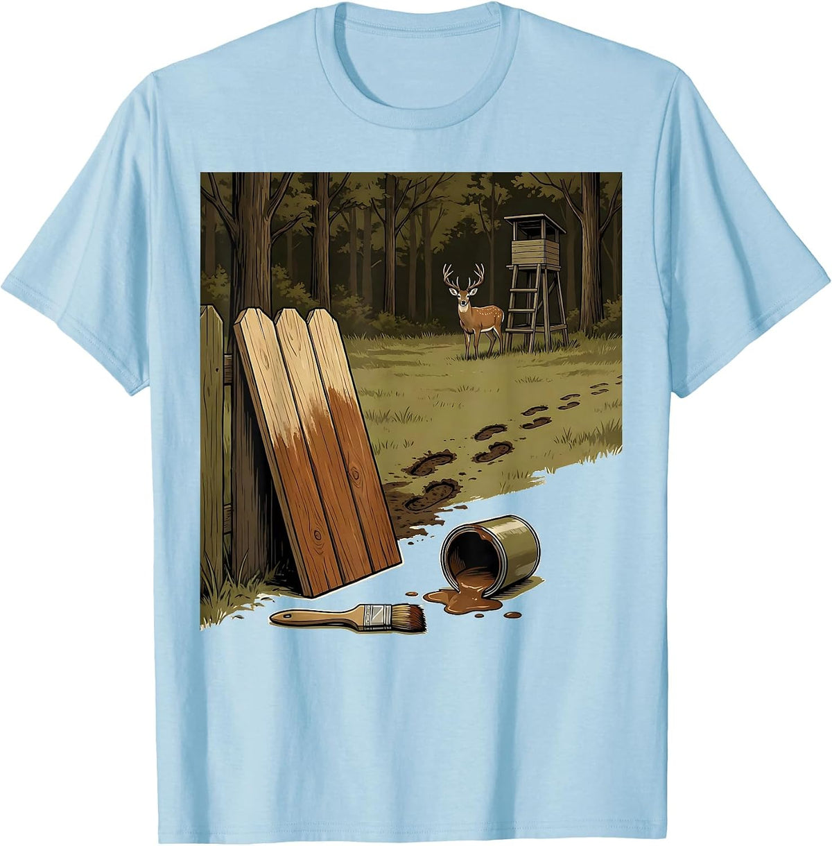 Men's Half-Painted Fence Board Deer Hunting Dad Humor T-Shirt - Baby Blue