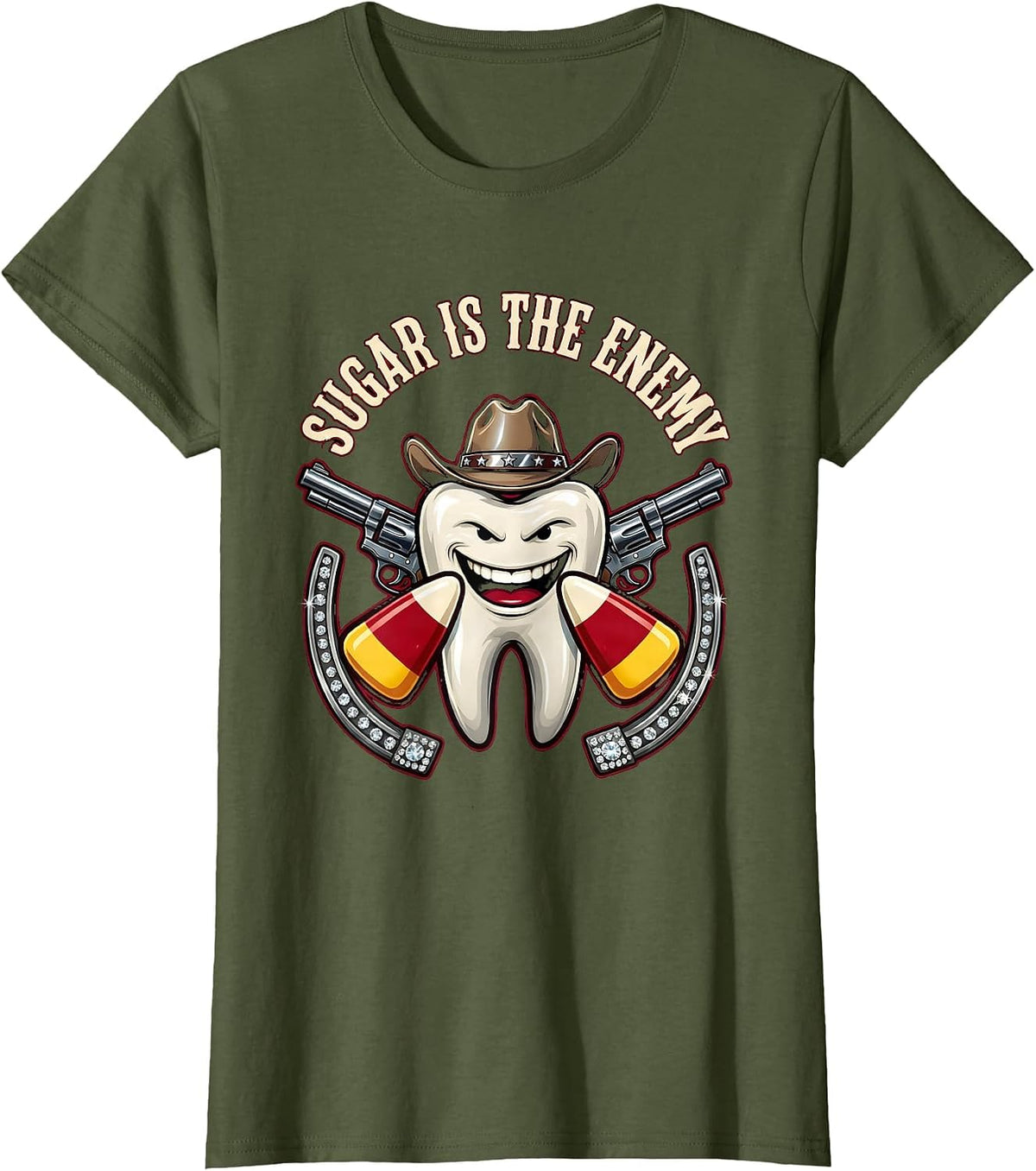 Women's Sugar Is The Enemy Dental Halloween Design T-Shirt - Olive Green