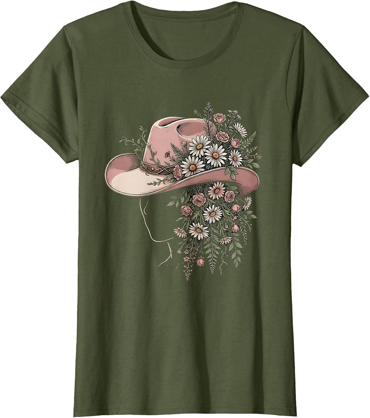 Women's Wildflower Cowboy Hat Western Boho Illustration T-Shirt - Olive Green