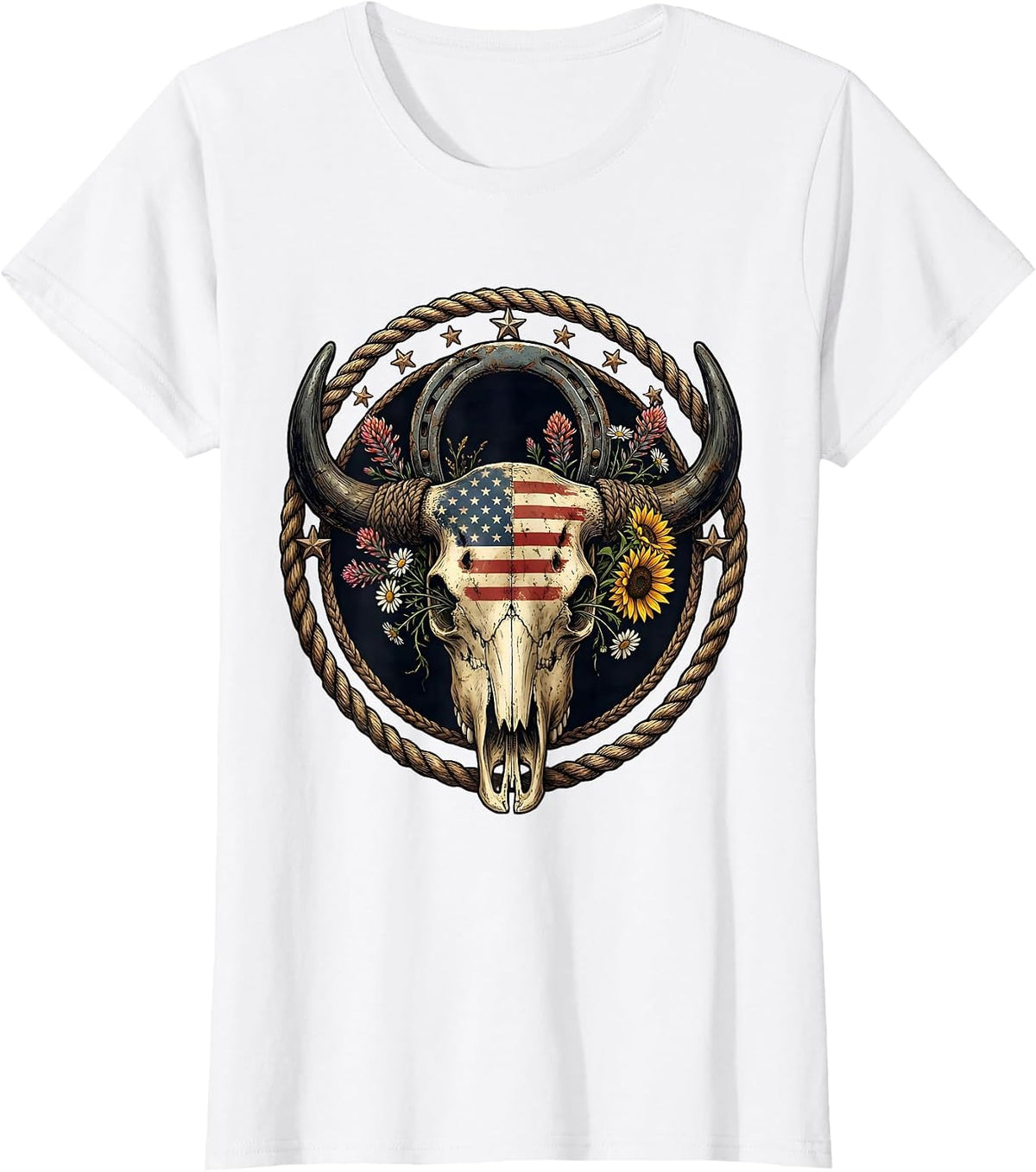 Women's Buffalo Skull Wildflowers Western Boho USA Design T-Shirt - White