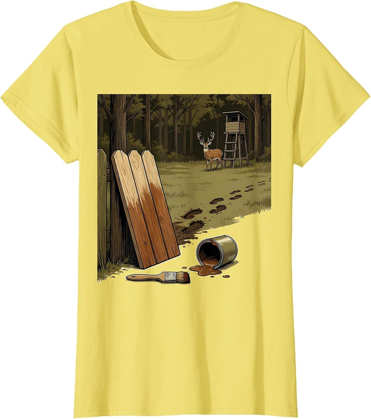 Women's Half-Painted Fence Board Deer Hunting Dad Humor T-Shirt - Lemon Yellow