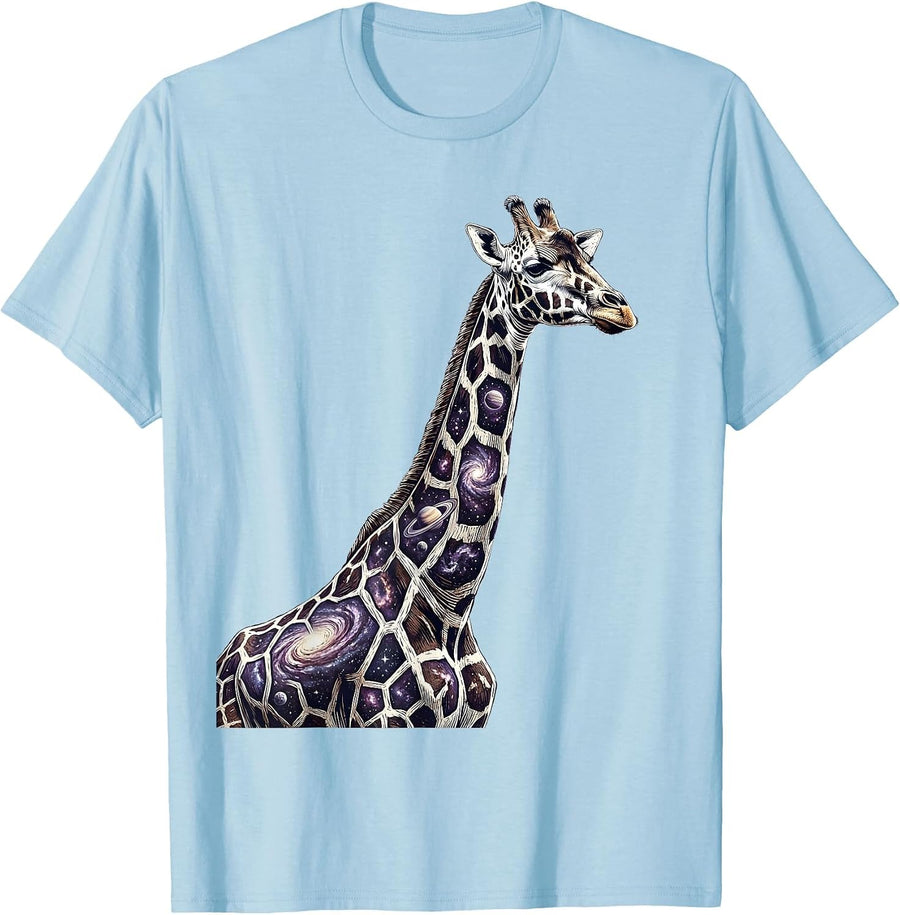 Men's Cosmic Giraffe Galaxy Spot Wildlife Art Design T-Shirt - Baby Blue